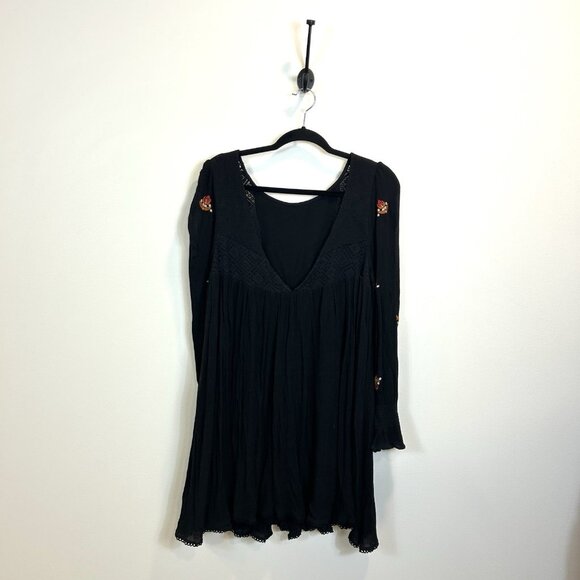 Free People Small Dress Black Mohave Embroidered Mini Tunic Lace Long Sleeve - Picture 7 of 13